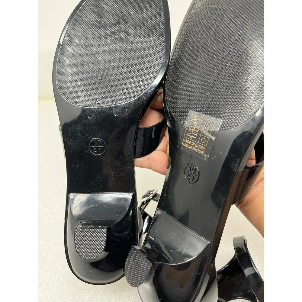 Jeffrey Campbell Womens 10 Black Jelly Sandals Kitten Heel  Ankle Strap